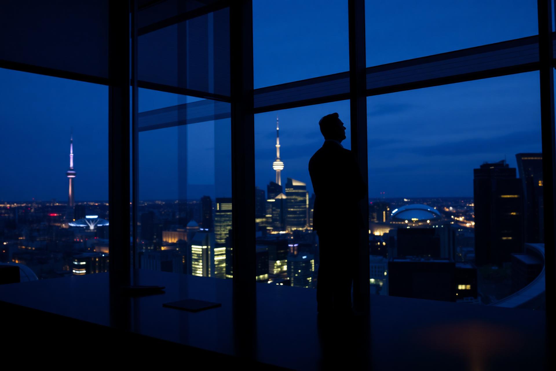 Modern Ontario executive office overlooking the Toronto skyline at dusk